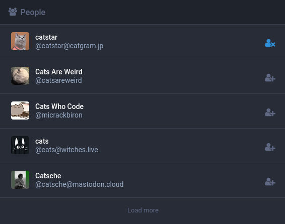 An example of accounts returned when searching for "cats".